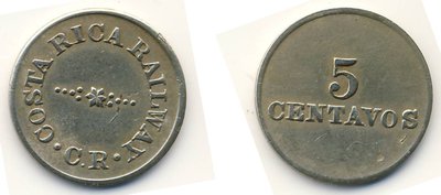 Costa Rica Token Costa Rica Railway 5 ct Rulau 1. #-.jpg