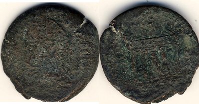 Egypt Antoninus Pius Drachme 15 Tempel des Agathos Daimon, belorbeerte Büste nach links.jpg