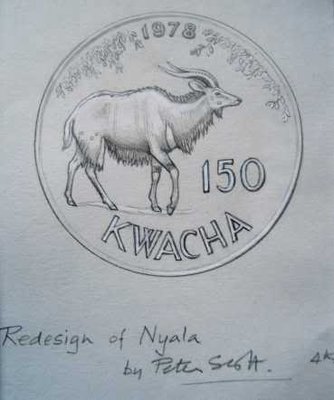 Malawi Entwurf kl 150 Kwacha 1978 Nyala sketch by Peter Scott, coin (250 Kwacha) by Norman Sillman.jpg