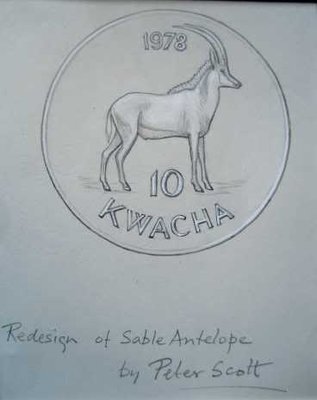 Malawi Entwurf kl 10 Kwacha 1978 Sable Antilope sketch by Peter Scott, coin by Norman Sillman.jpg